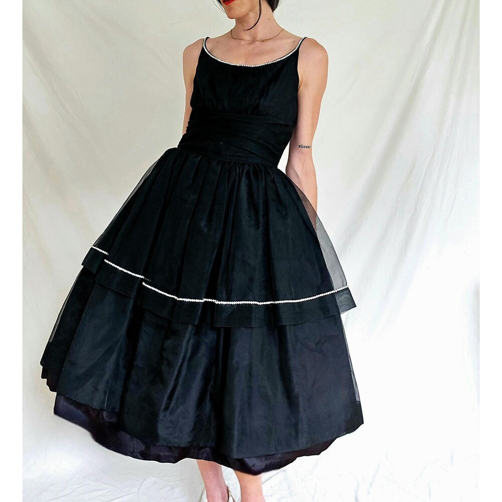 1950s Vintage Jonathan Logan Evening Gown: Black Silk Organza Fit and Flare
